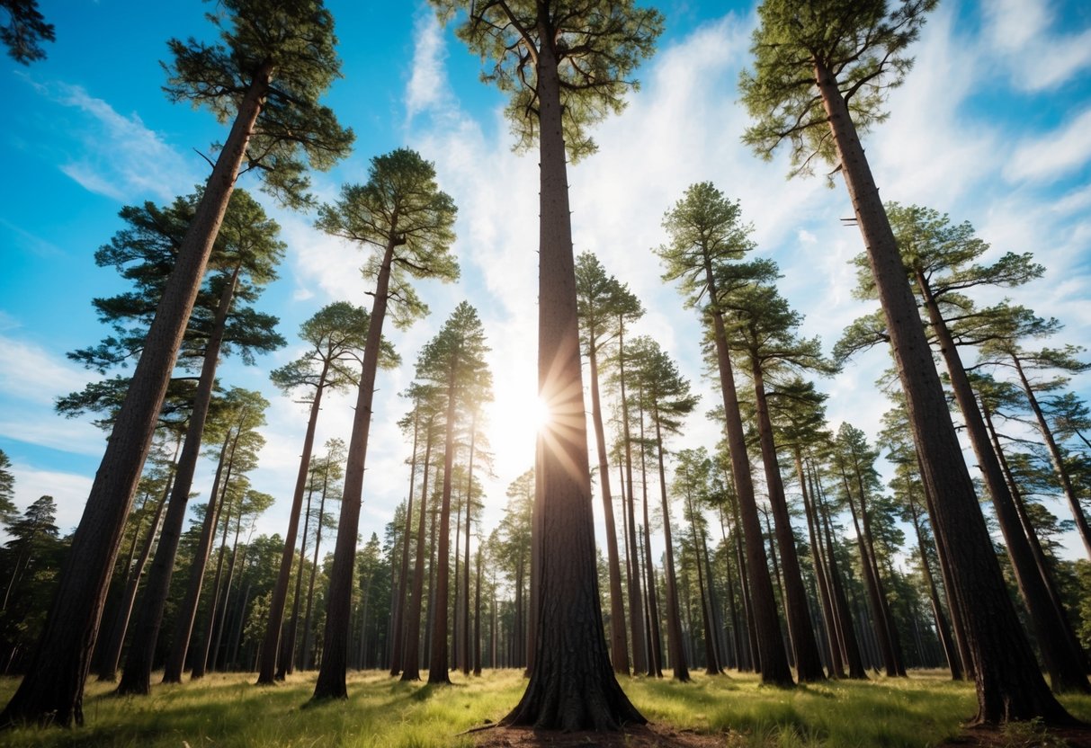 Ein ruhiger Wald mit hohen, starken Bäumen, die stolz unter einem hellen, erhebenden Himmel stehen.