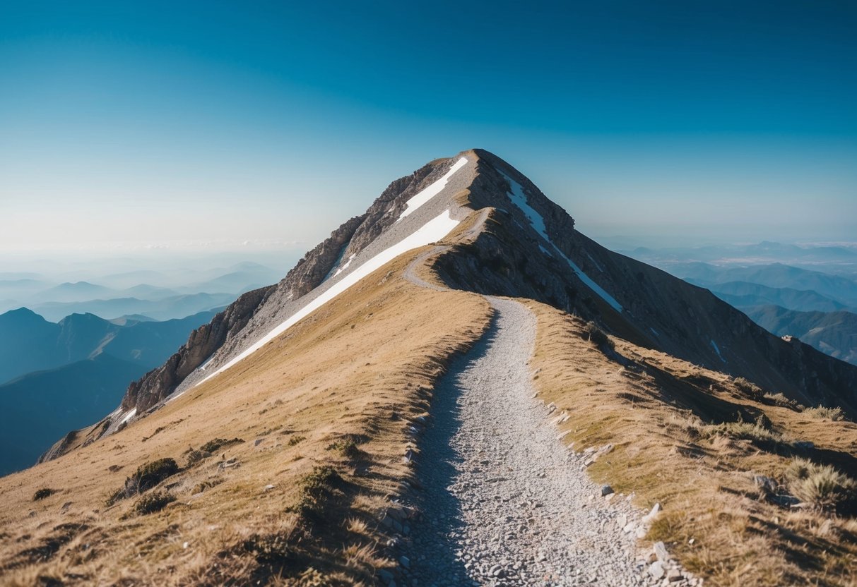 Ein gewundener Bergweg, der zu einem Gipfel führt, mit einem klaren blauen Himmel und einer entschlossenen, aufsteigenden Richtung.