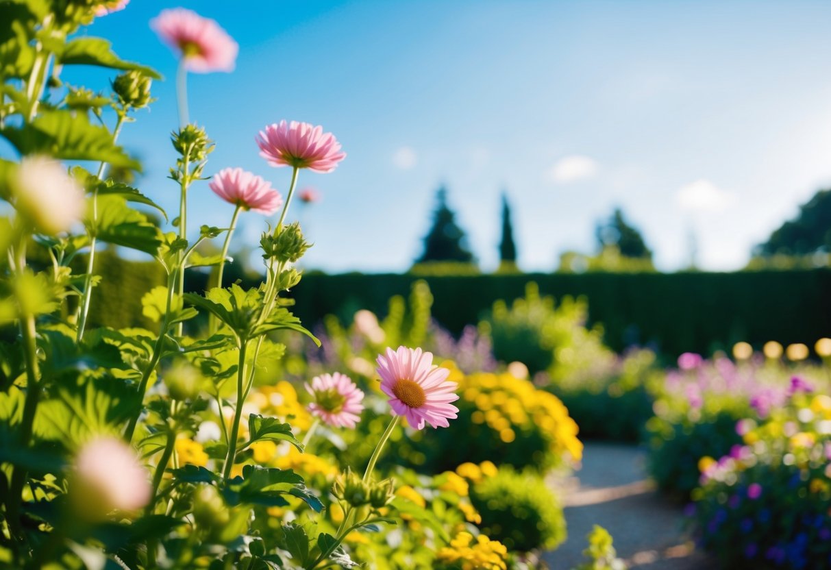 Ein ruhiger, sonnendurchfluteter Garten mit lebhaften Blumen und einem klaren blauen Himmel, der Gefühle von Frieden und Positivität hervorruft.