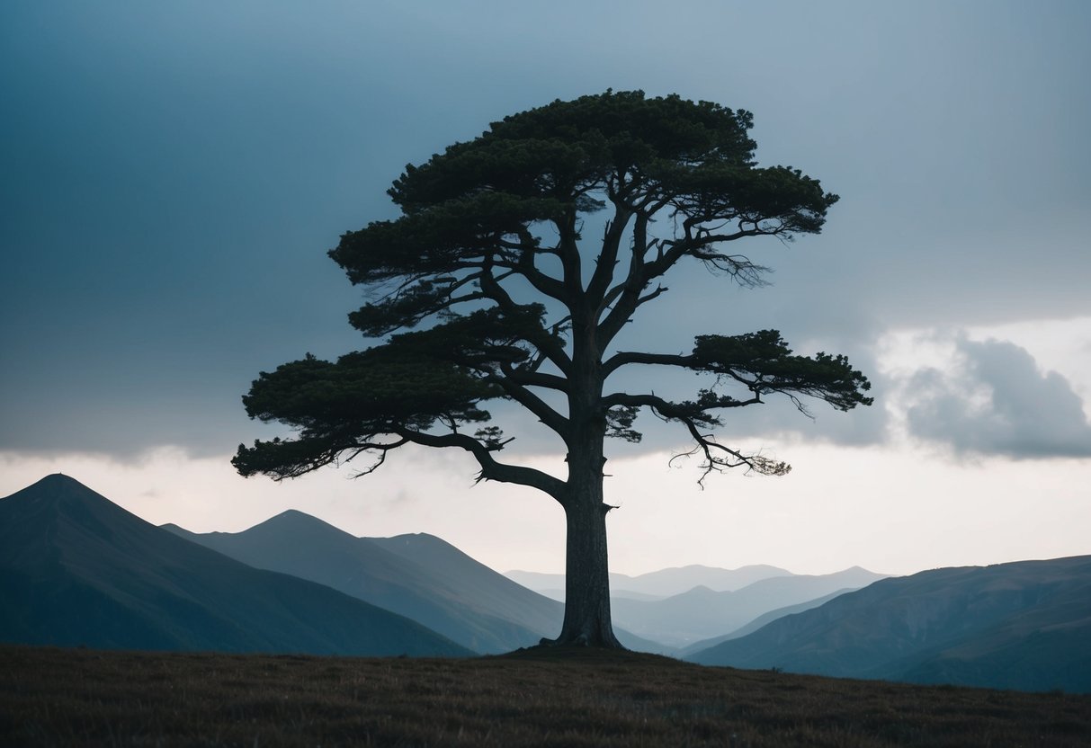 Eine friedliche Berglandschaft mit einem starken, einsamen Baum, der hoch und stolz mitten im Sturm steht und innere Stärke und Widerstandsfähigkeit symbolisiert.