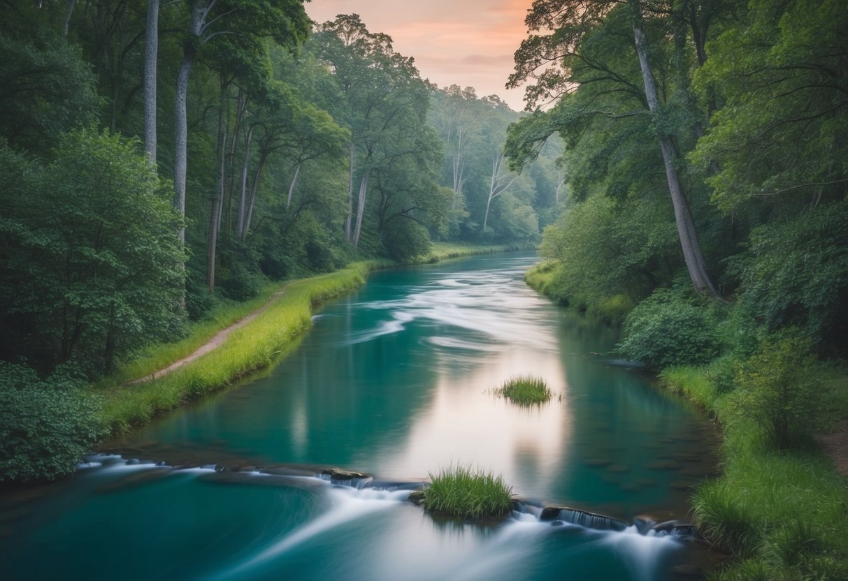 Eine ruhige, friedliche Landschaft mit einem sanft fließenden Fluss, der durch einen üppigen Wald führt, umgeben von sanften, beruhigenden Farben und weichem, beruhigendem Licht.