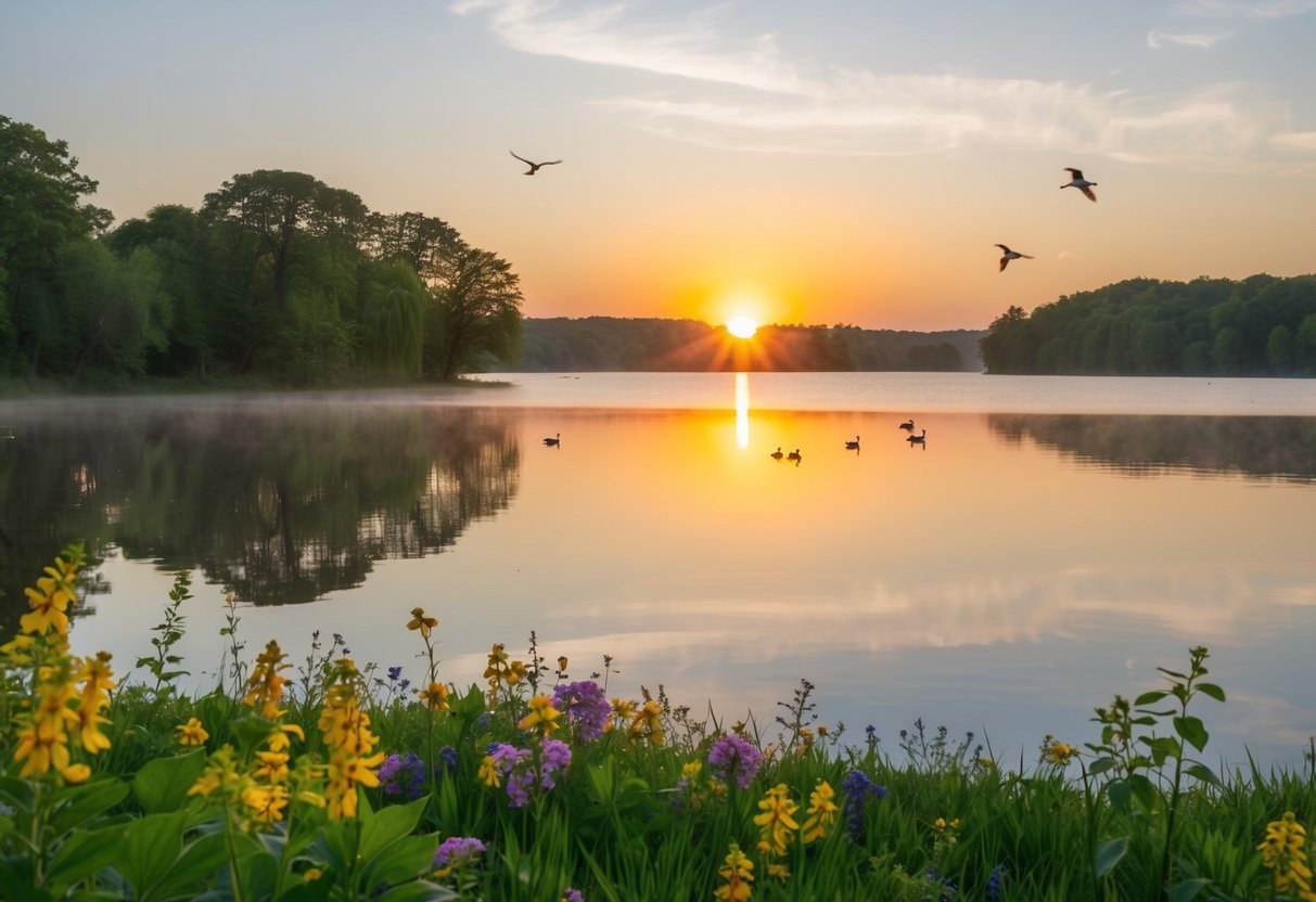 Ein friedlicher Sonnenaufgang über einem ruhigen See, umgeben von üppig grünen Bäumen und bunten Blumen, mit Vögeln, die im Hintergrund zwitschern.