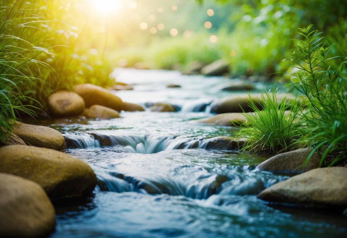 Eine ruhige, friedliche Umgebung mit beruhigenden Elementen wie fließendem Wasser, sanften Brisen und beruhigenden Naturgeräuschen.