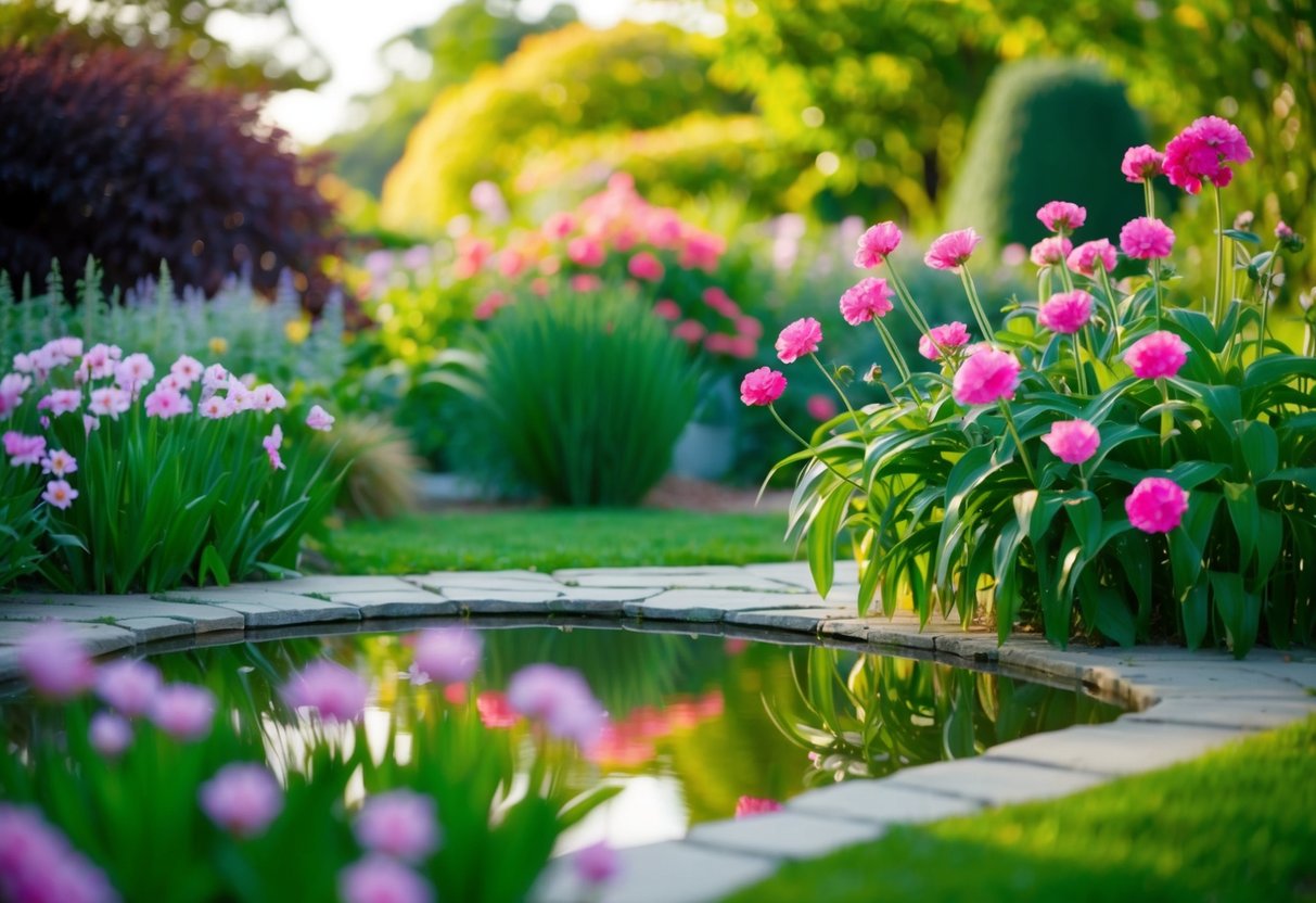 Ein ruhiger Garten mit blühenden Blumen und einem friedlichen Teich