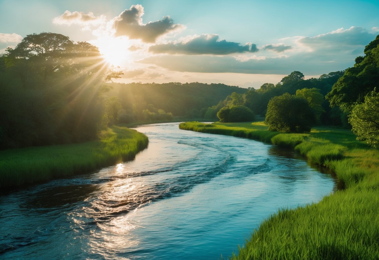 Ein ruhiger Fluss fließt durch eine üppige, grüne Landschaft, mit Sonnenlicht, das sich auf dem Wasser spiegelt.