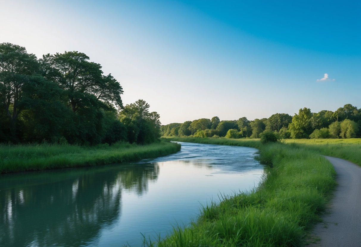 Eine ruhige und friedliche Landschaft mit einem sanft fließenden Fluss, der durch üppiges Grün unter einem klaren blauen Himmel verläuft.