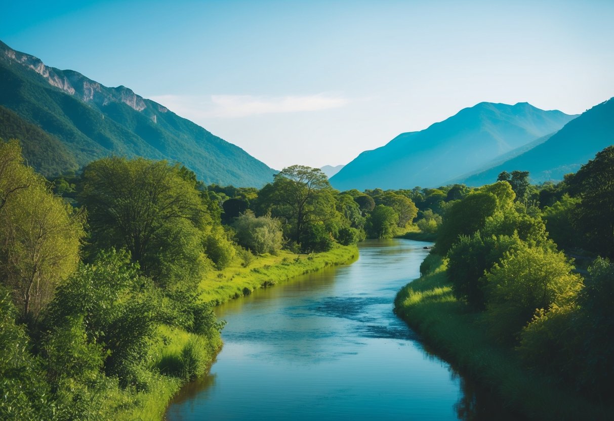 Eine ruhige Landschaft mit einem ruhigen Fluss, der durch üppiges Grün fließt, umgeben von Bergen unter einem klaren blauen Himmel.