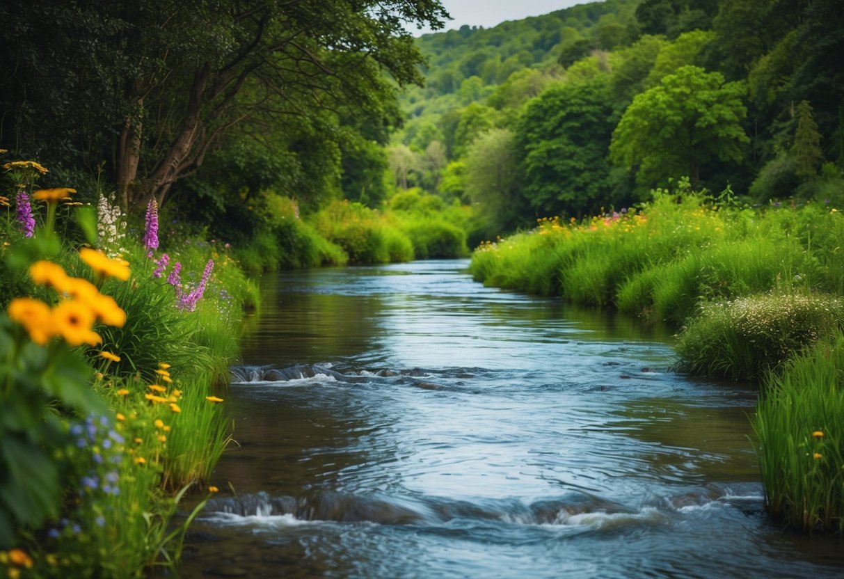 Eine ruhige Landschaft mit einem sanft fließenden Fluss, umgeben von üppigem Grün und bunten Blumen, die ein Gefühl von Ruhe und Selbstakzeptanz hervorrufen.