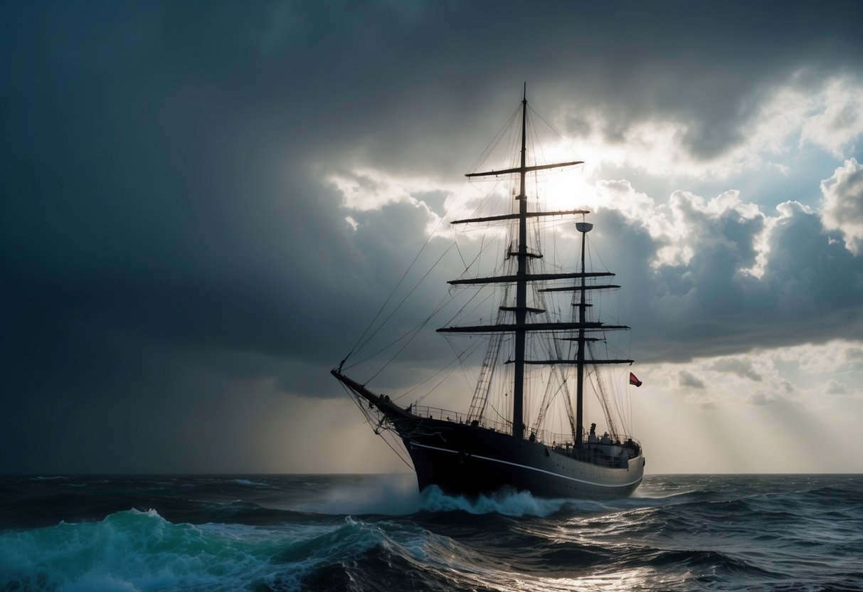 Ein einsames Schiff segelt durch stürmische Gewässer, sein Mast biegt sich gegen den heftigen Wind. Die dunklen Wolken darüber scheinen sich zu teilen und enthüllen einen Schimmer von Sonnenlicht, der durch das Chaos bricht.