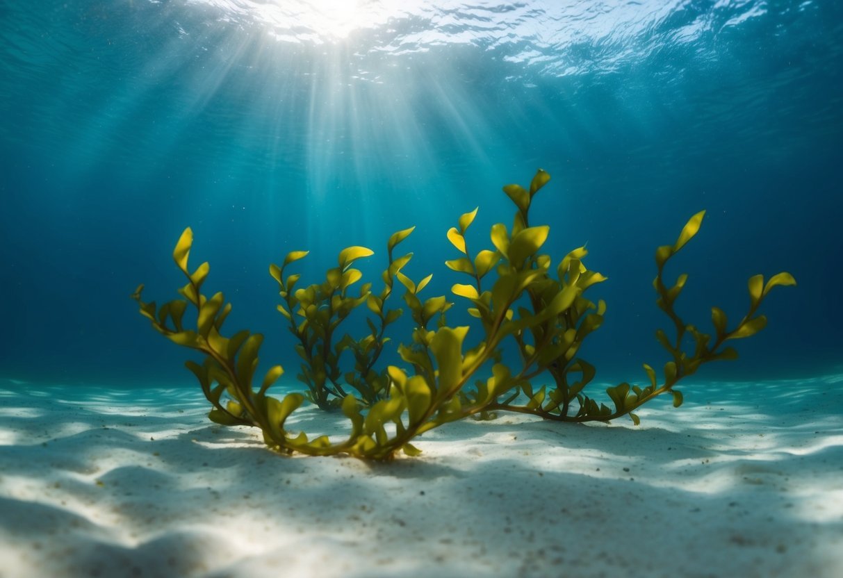 Eine ruhige Unterwasserszene mit sanft schwingendem Seegras und Sonnenlicht, das durch das Wasser filtert und ein Gefühl von Ruhe und Entspannung schafft.