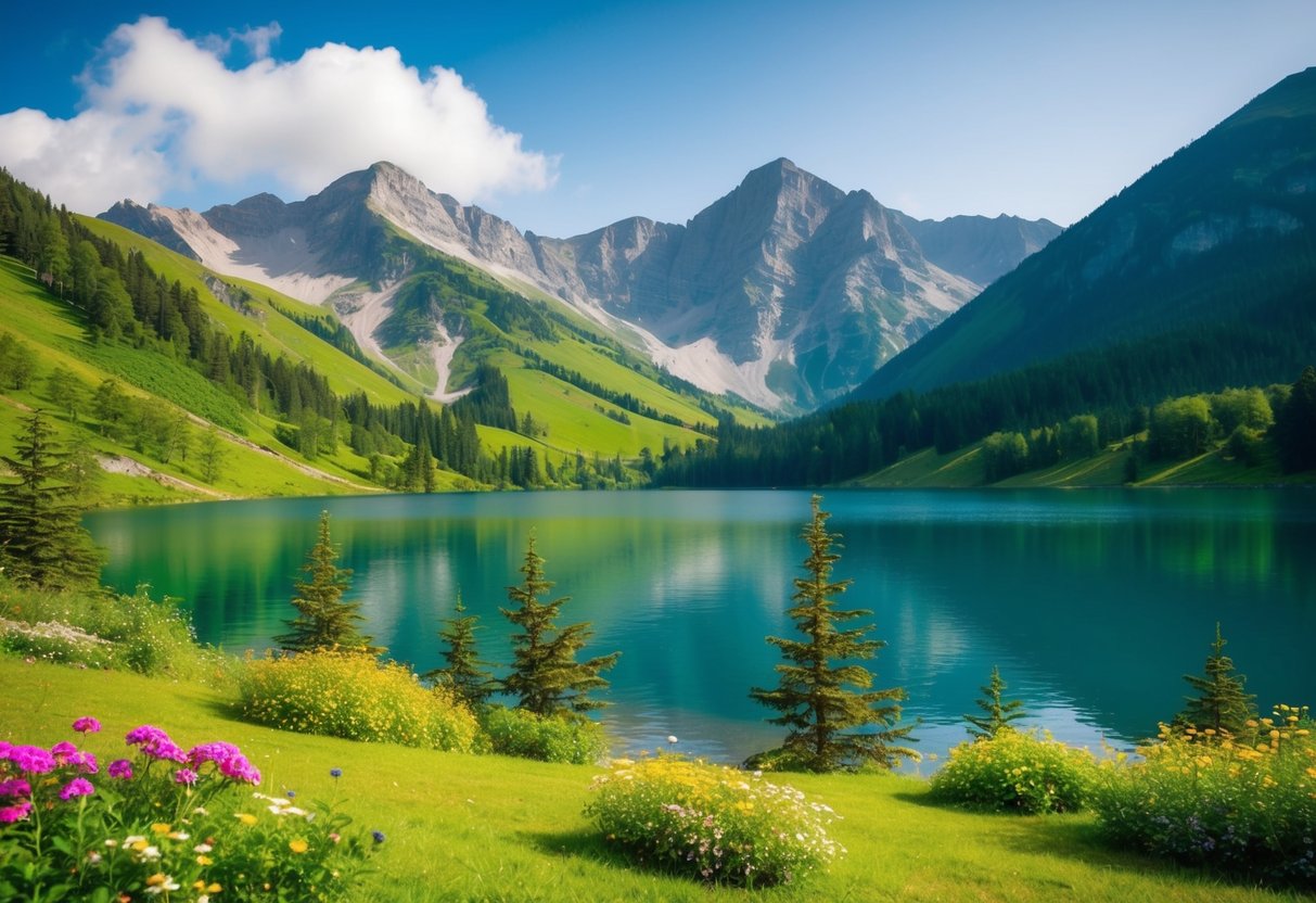 Eine ruhige Berglandschaft mit einem friedlichen See, umgeben von üppigem Grün und bunten Blumen