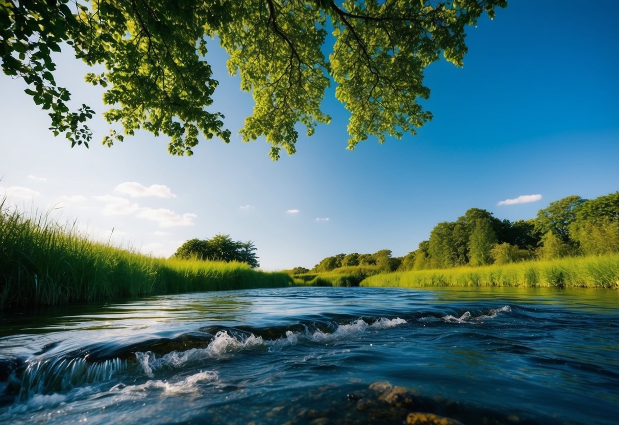 Eine ruhige Naturszene mit beruhigenden Elementen wie fließendem Wasser, üppigem Grün und einem klaren blauen Himmel, die ein Gefühl von Frieden und Entspannung hervorrufen.