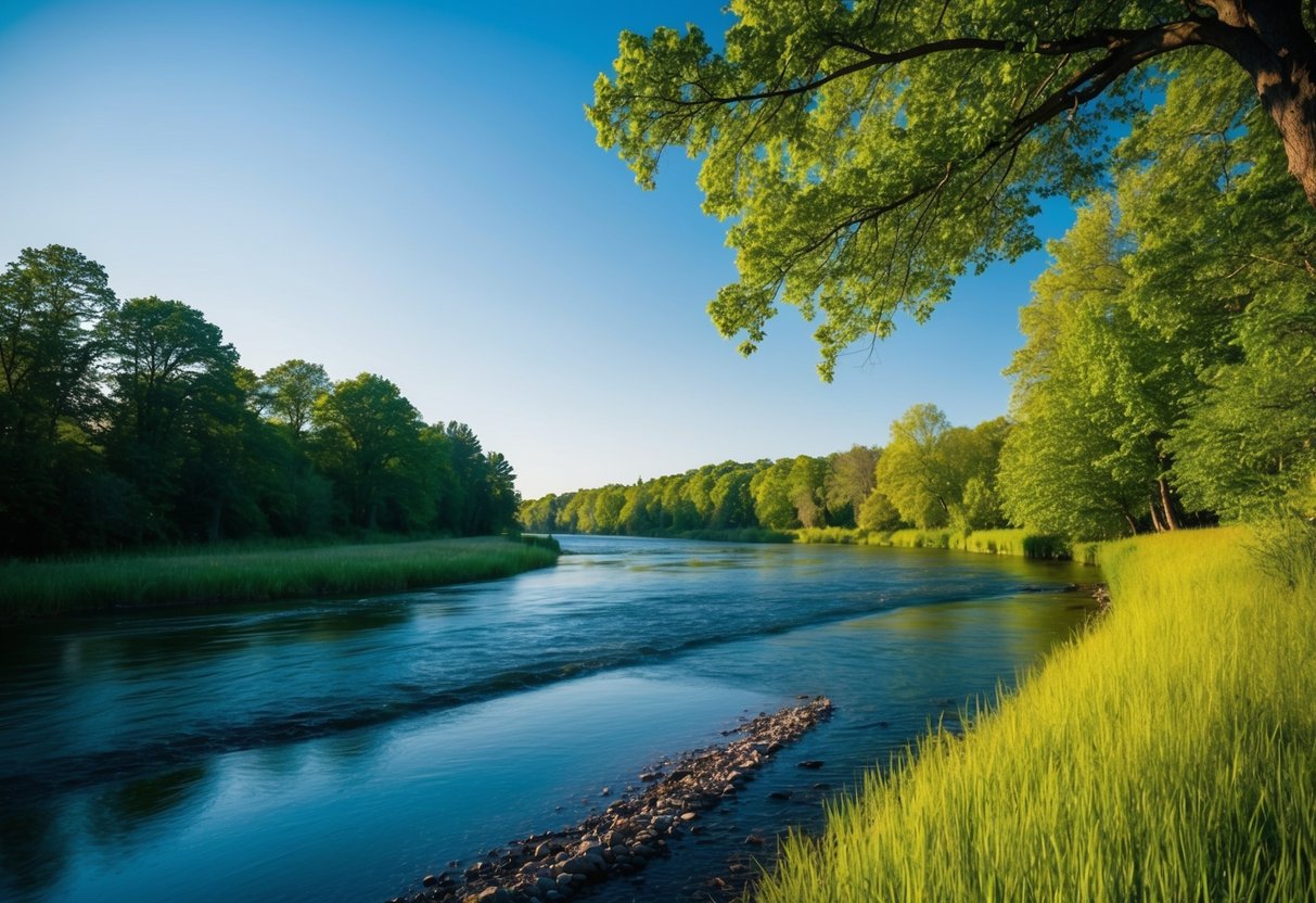 Eine ruhige, friedliche Landschaft mit klarem blauen Himmel, üppigen grünen Bäumen und einem fließenden Fluss, die ein Gefühl von Achtsamkeit und Präsenz im gegenwärtigen Moment hervorruft.