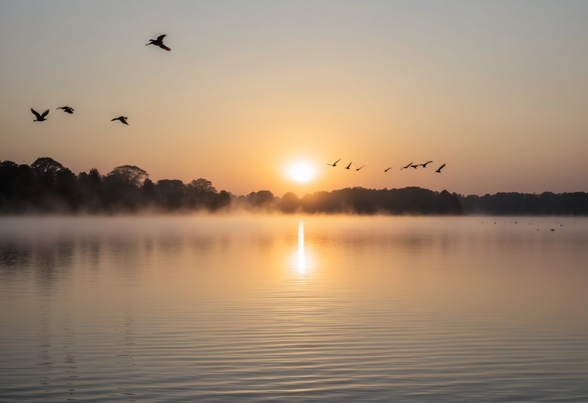 Ein ruhiger Sonnenaufgang über einem stillen See, mit Nebel, der vom Wasser aufsteigt, und Vögeln, die in der Ferne fliegen.