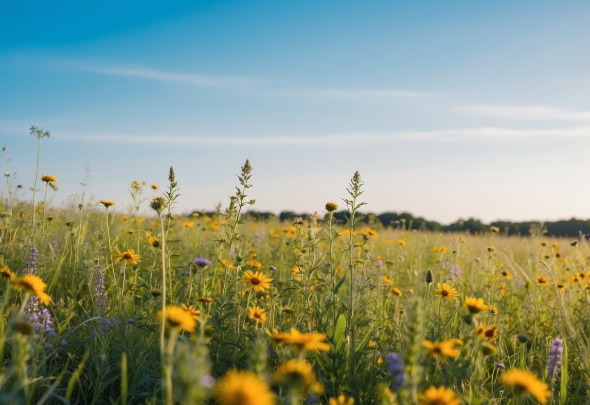 Eine ruhige Wiese mit Wildblumen, einer sanften Brise und einem klaren blauen Himmel