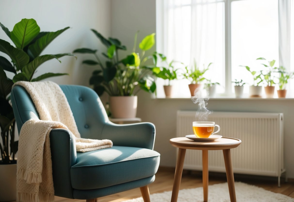 Ein ruhiger, sonnendurchfluteter Raum mit einem gemütlichen Sessel und einem kleinen Tisch, auf dem eine dampfende Tasse Tee steht, umgeben von Pflanzen und einer weichen, warmen Decke.