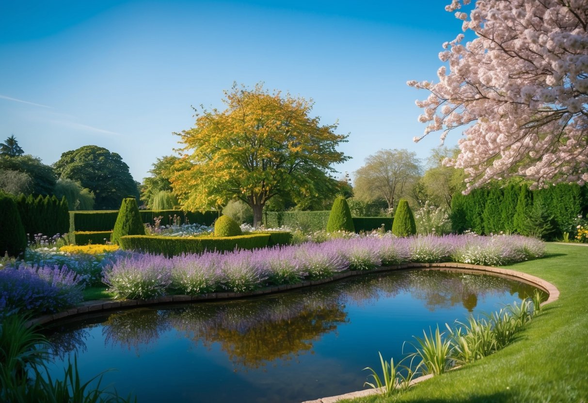 Ein ruhiger, blühender Garten mit einem friedlichen Teich und einem klaren blauen Himmel darüber