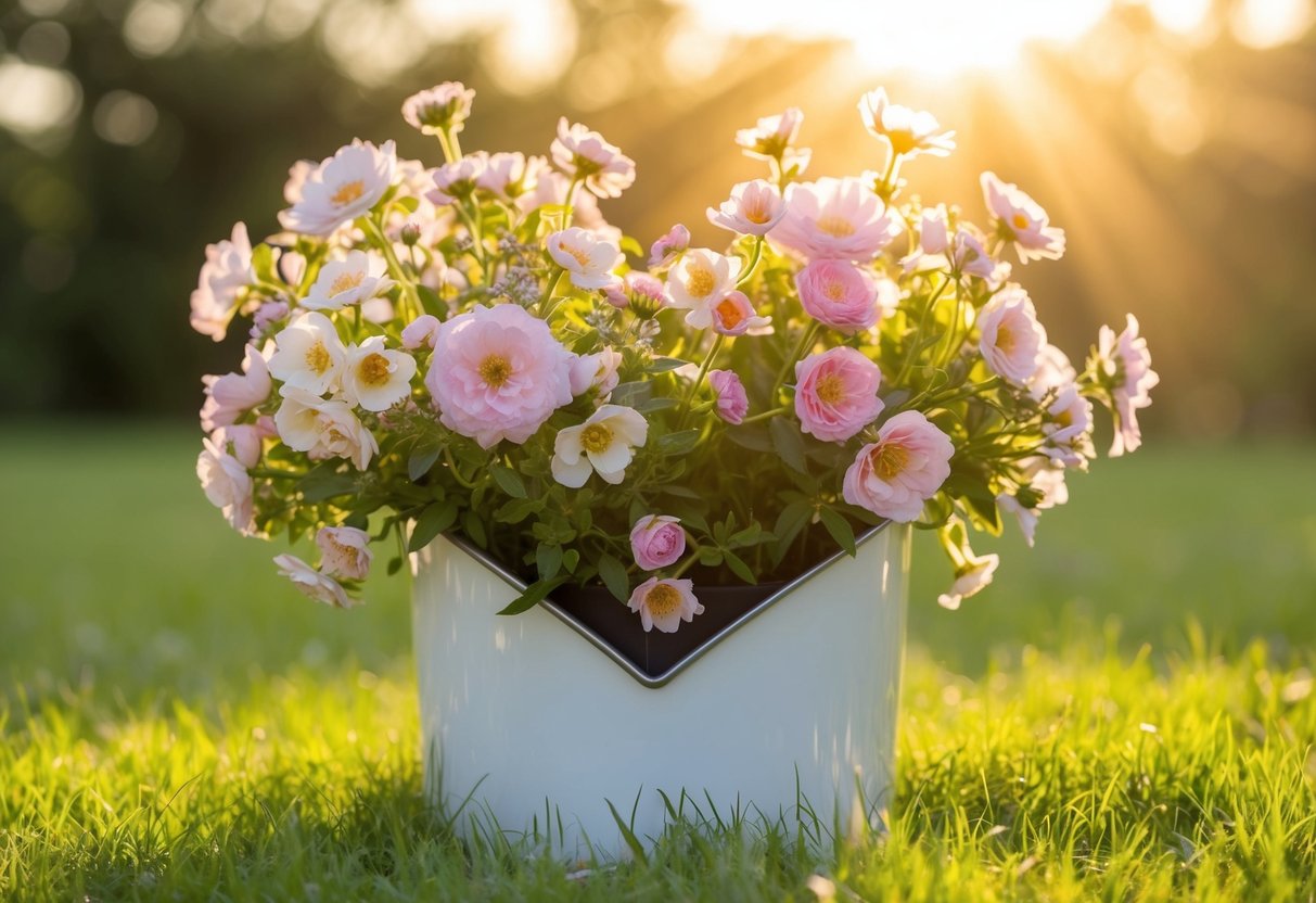 Ein herzförmiger Behälter, der überfließt mit blühenden Blumen und von Strahlen warmen Sonnenlichts umgeben ist