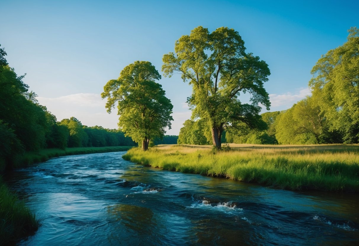 Eine friedliche Landschaft mit einem fließenden Fluss, üppigen grünen Bäumen und einem klaren blauen Himmel, der ein Gefühl von Frieden und Achtsamkeit hervorruft.