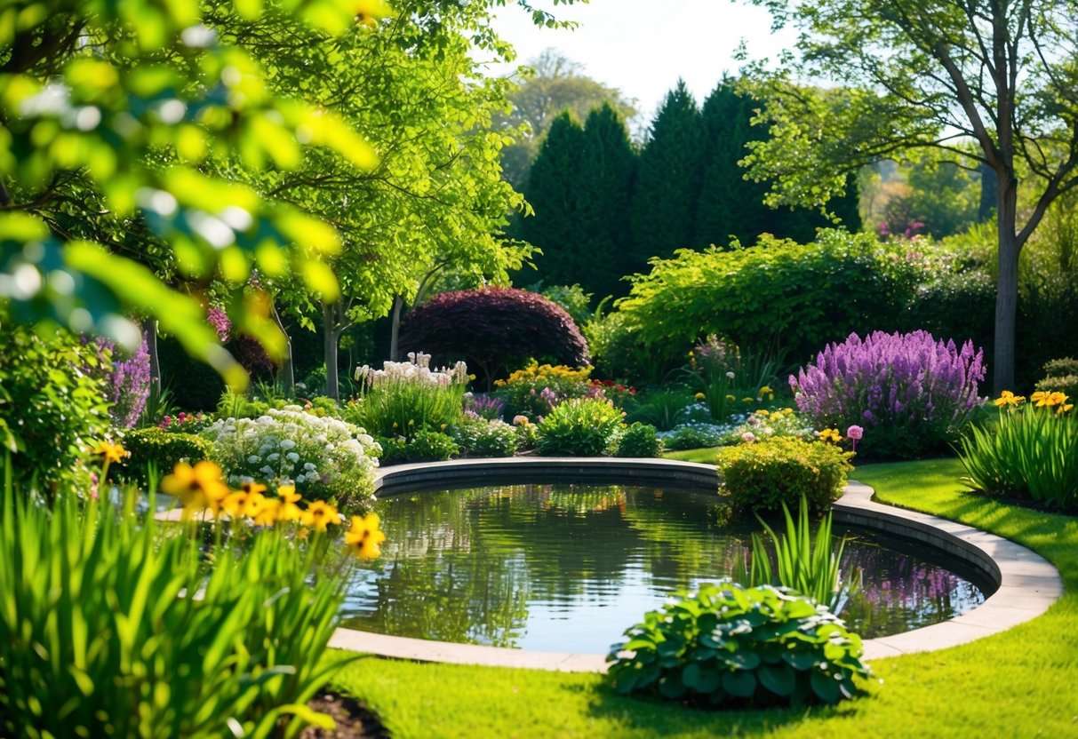 Ein ruhiger, blühender Garten mit einem friedlichen Teich und lebhaften Blumen, umgeben von üppigem Grün und gefiltertem Sonnenlicht, das durch die Bäume fällt.