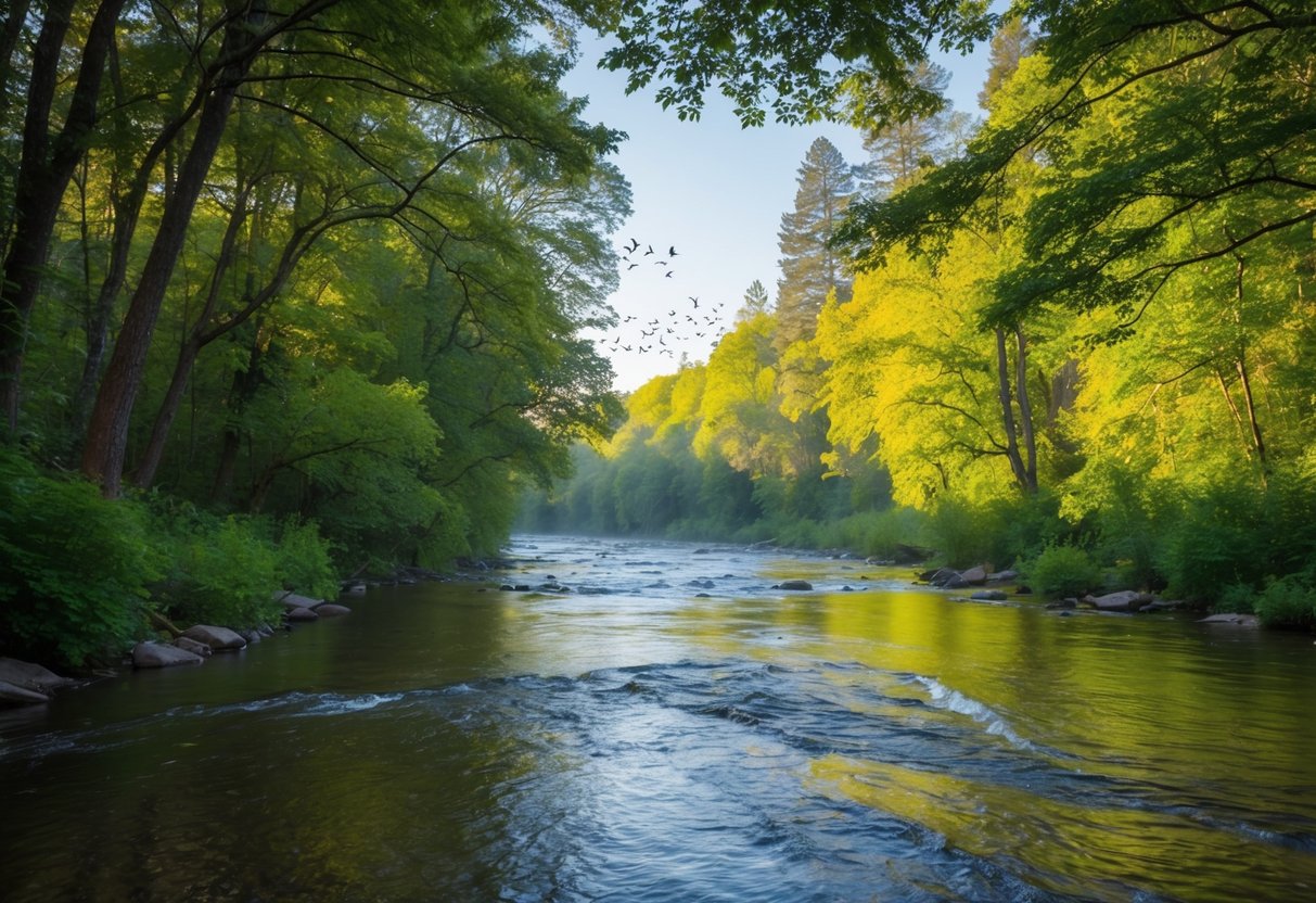 Ein friedlicher Fluss fließt durch einen üppigen Wald, während Sonnenlicht durch die Blätter filtert und Vögel in der Ferne singen.