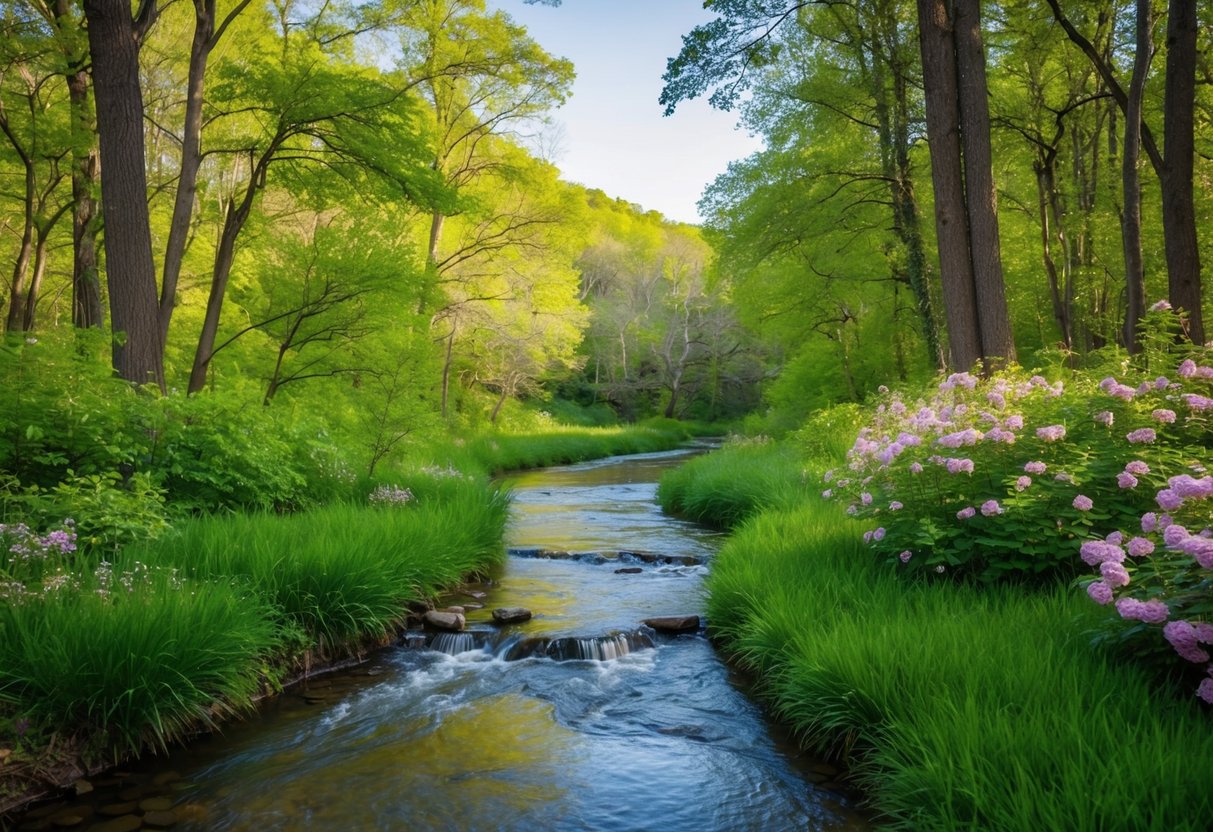 Eine ruhige Landschaft mit einem sanften Bach, der durch einen üppigen Wald fließt, umgeben von blühenden Blumen und lebendigem Grün.