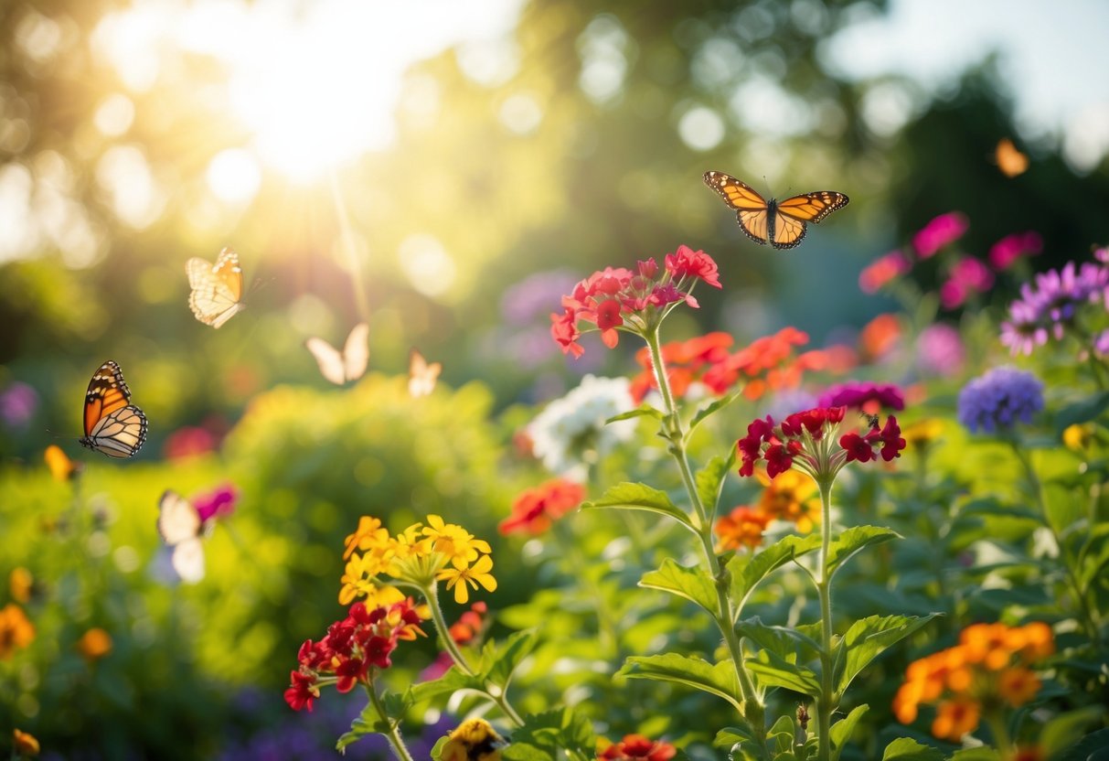 Ein ruhiger, sonnendurchfluteter Garten mit bunten Blumen und Schmetterlingen, die umherflattern.