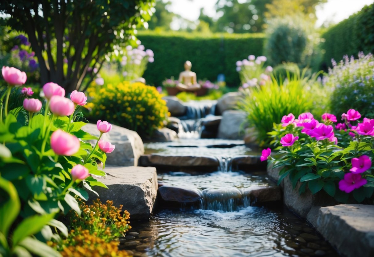 Ein friedlicher Garten mit blühenden Blumen, einem fließenden Bach und einem ruhigen Meditationsbereich, umgeben von üppigem Grün.