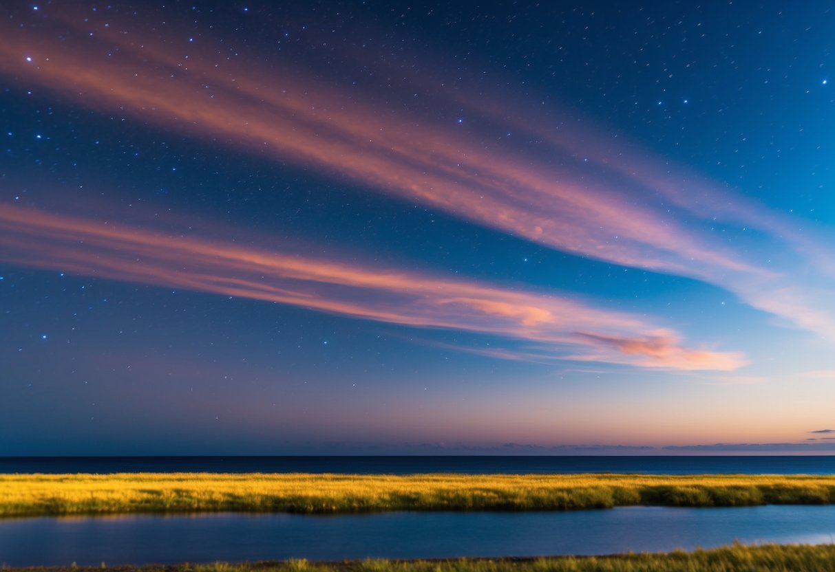 Eine friedliche Landschaft mit einem bunten Sonnenuntergang, einem ruhigen Strand und einem klaren Himmel voller Sterne.