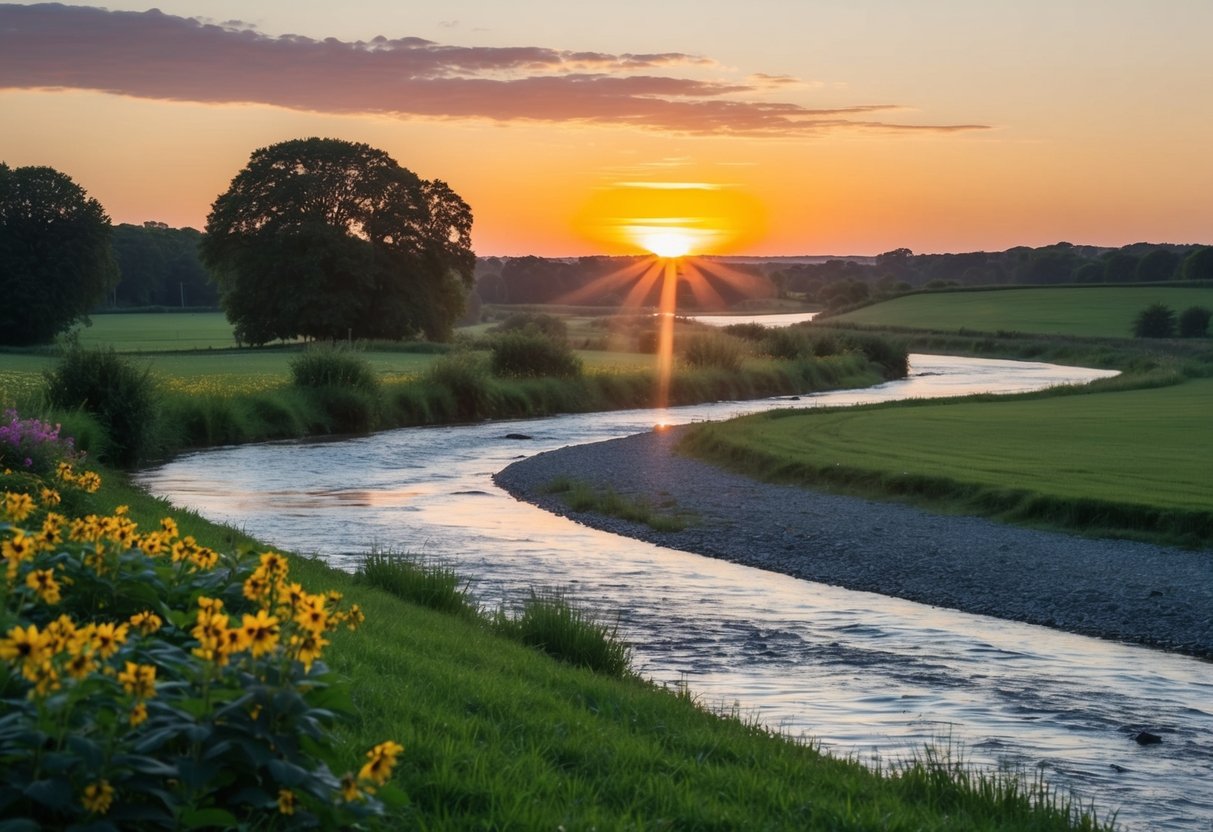 Eine ruhige Landschaft mit einem bunten Sonnenuntergang, blühenden Blumen und einem friedlichen Fluss, der durch die Szene fließt.