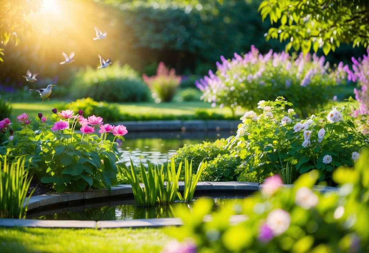 Ein ruhiger, sonnendurchfluteter Garten mit blühenden Blumen und einem friedlichen Teich, umgeben von üppigem Grün und zwitschernden Vögeln