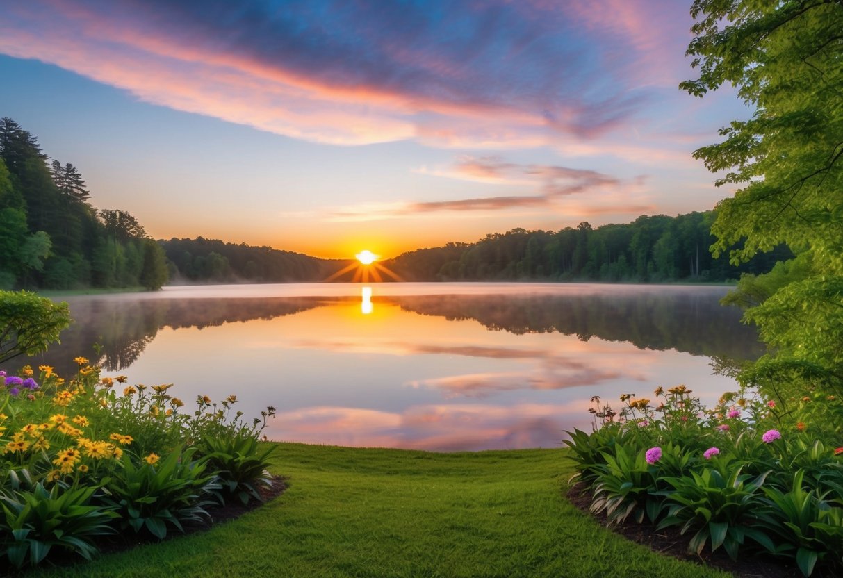 Eine friedliche Landschaft mit einem bunten Sonnenaufgang über einem ruhigen See, umgeben von üppigem Grün und lebhaften Blumen, die ein Gefühl von Dankbarkeit und Frieden hervorrufen.