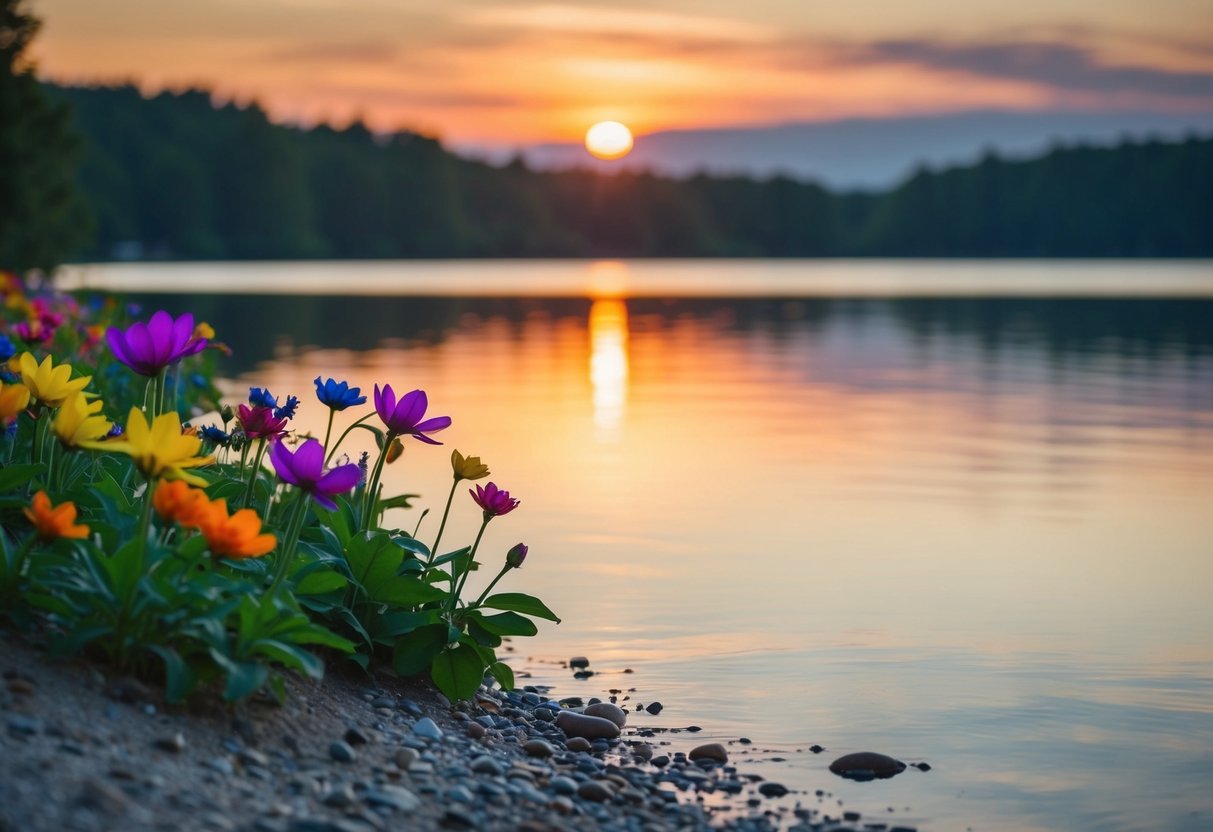 Ein ruhiger Sonnenuntergang über einem stillen See, mit bunten Blumen, die am Ufer blühen, und ein Gefühl von Dankbarkeit und Frieden hervorrufend.