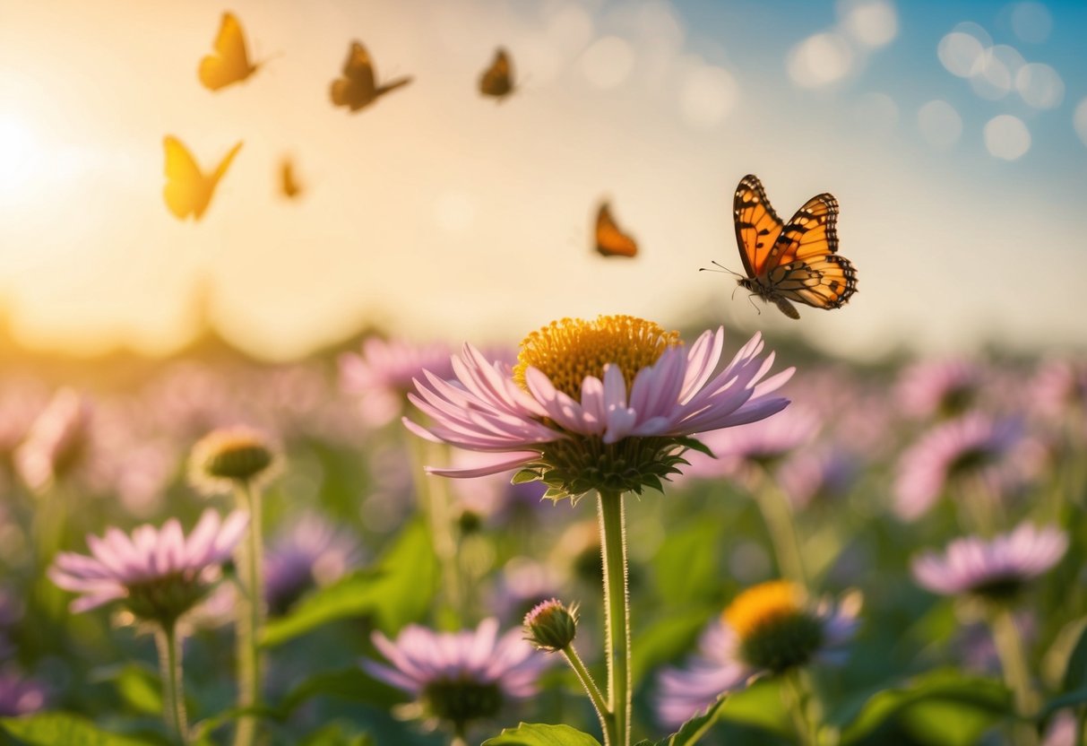 Ein sonnenbeschienenes Feld mit einer blühenden Blume, umgeben von flatternden Schmetterlingen und einer sanften Brise