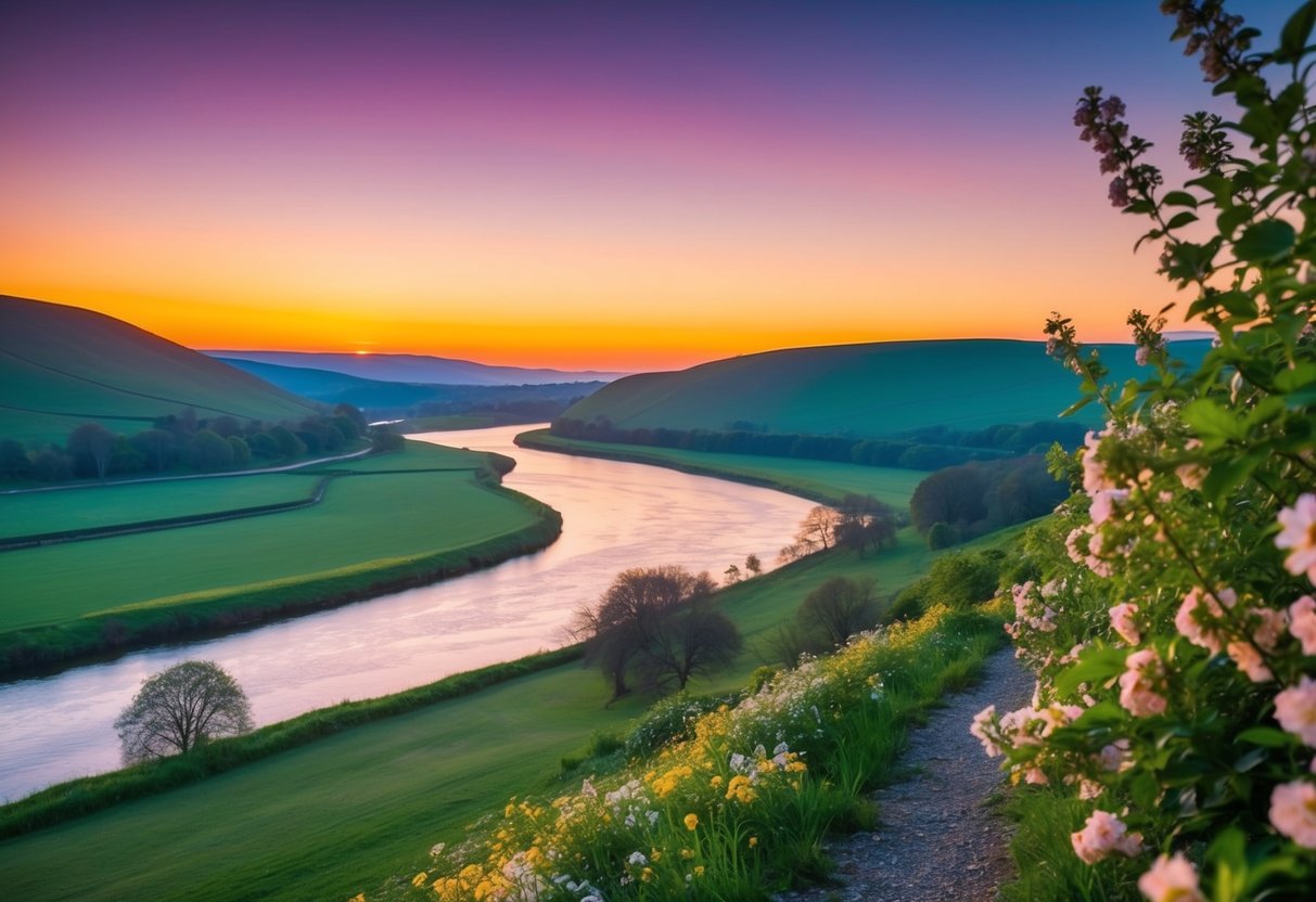 Eine friedliche Landschaft mit einem lebhaften Sonnenuntergang über sanften Hügeln und einem ruhigen Fluss, umgeben von blühenden Blumen und üppigem Grün.