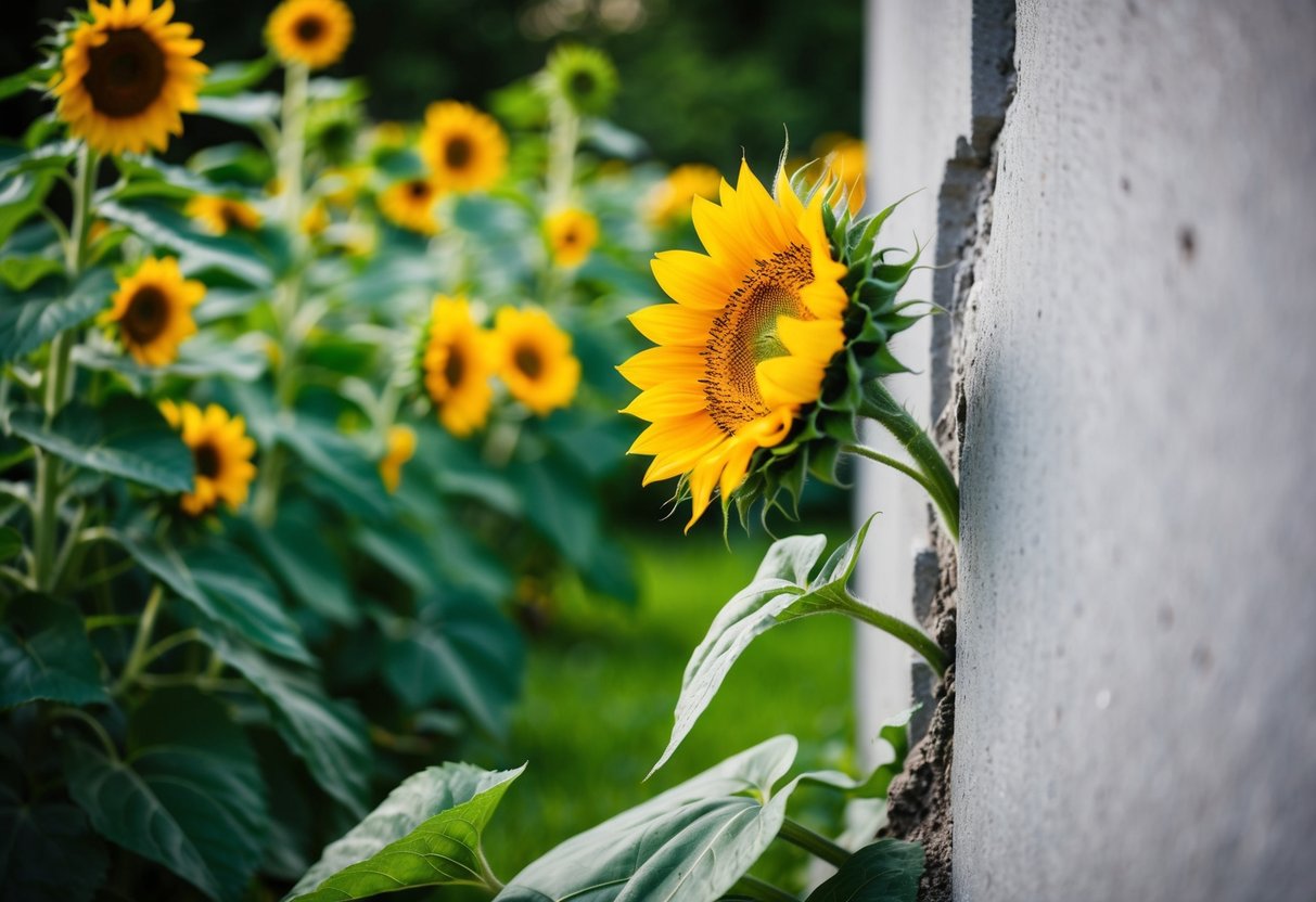 Eine Sonnenblume, die aus einem Riss in einer Betonmauer blüht, umgeben von lebhaftem Grün.