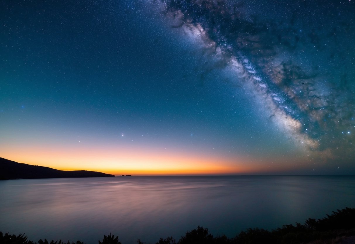 Eine friedliche Landschaft mit einem bunten Sonnenuntergang, einem ruhigen Ozean und einem klaren Himmel voller Sterne