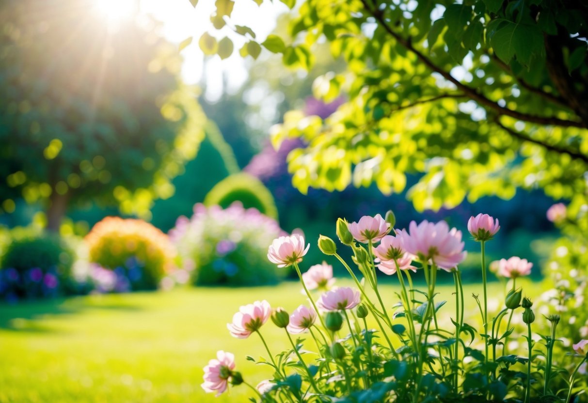 Ein ruhiger, sonnendurchfluteter Garten mit blühenden Blumen und einer friedlichen Atmosphäre, die ein Gefühl von Dankbarkeit und Zufriedenheit hervorrufen.