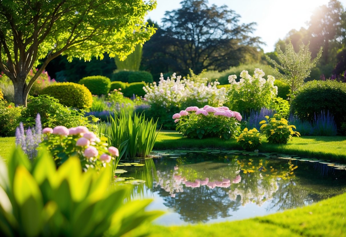 Ein ruhiger, sonnendurchfluteter Garten mit blühenden Blumen und einem friedlichen Teich, umgeben von üppigem Grün und einem Gefühl der Ruhe.