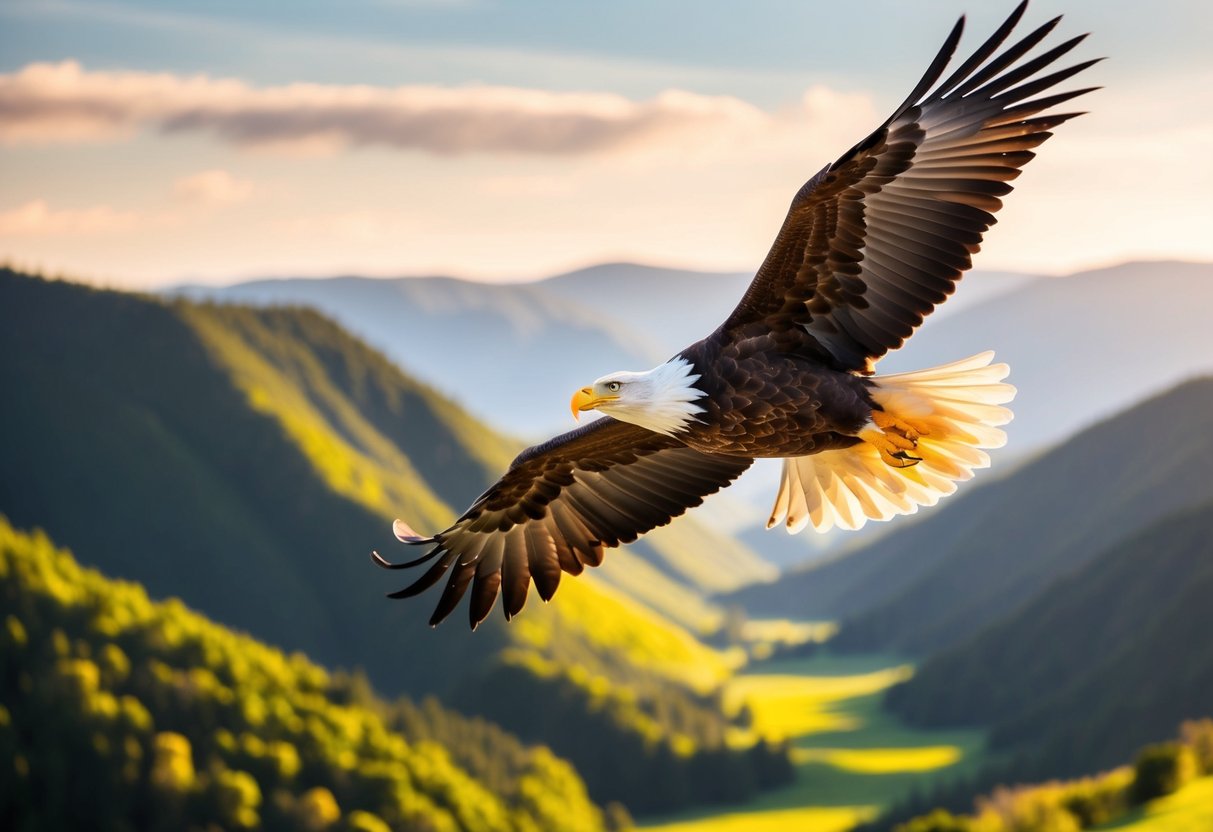 Ein majestätischer Adler schwebt hoch über einem üppigen, sonnenverwöhnten Tal