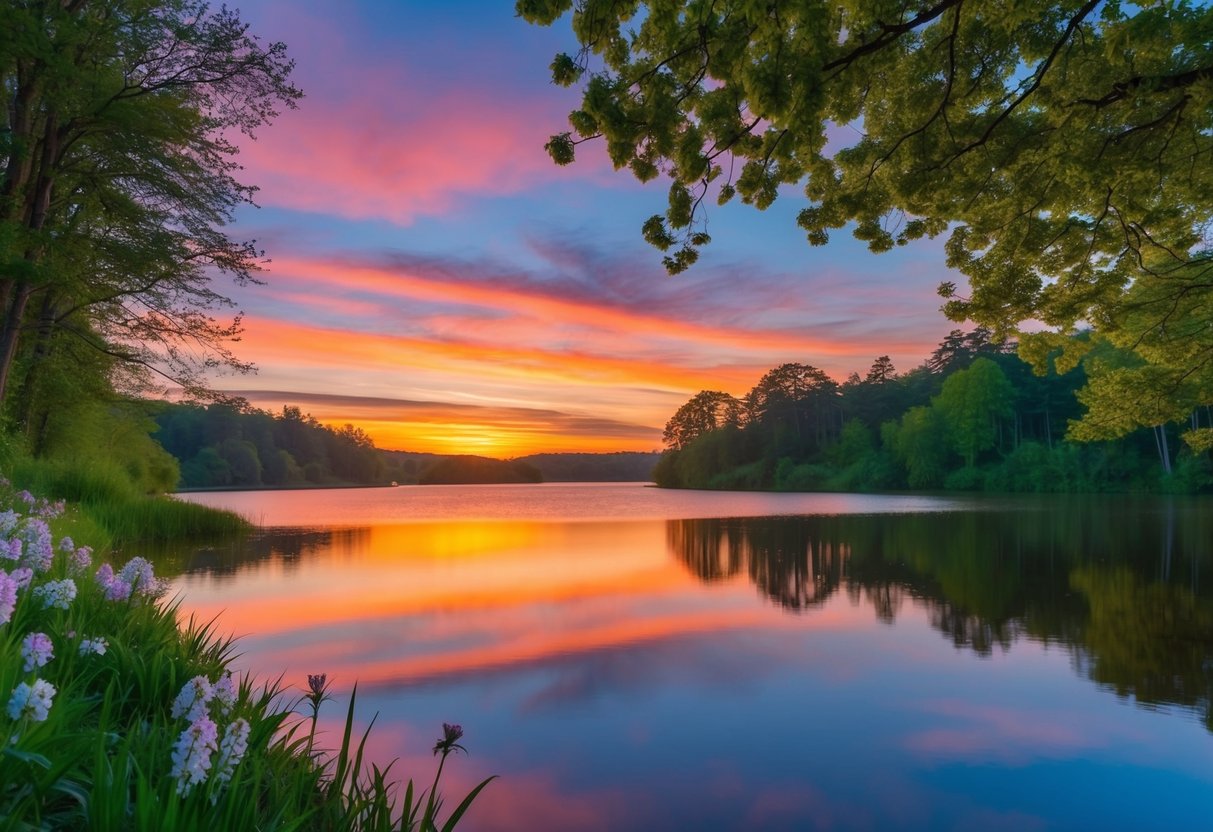 Eine ruhige Landschaft mit einem bunten Sonnenuntergang über einem ruhigen Gewässer, umgeben von üppigem Grün und blühenden Blumen.