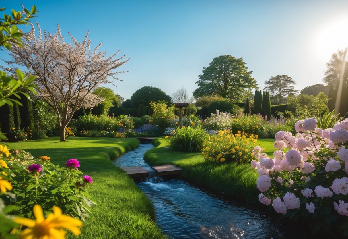 Ein friedlicher, sonniger Garten mit blühenden Blumen, einem fließenden Bach und einem klaren blauen Himmel