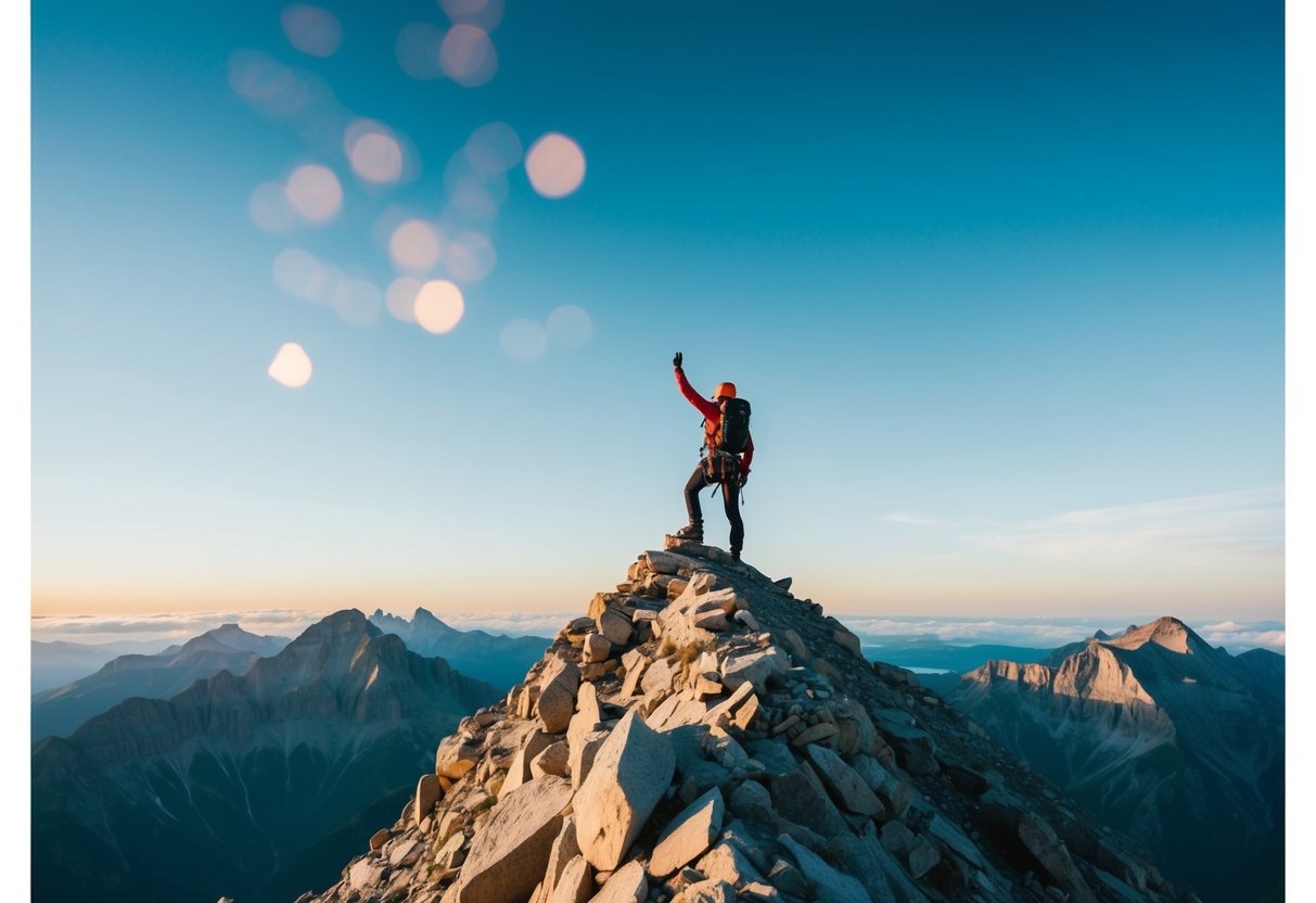 Ein Bergsteiger erreicht den Gipfel, umgeben von einem atemberaubenden Blick auf die Landschaft