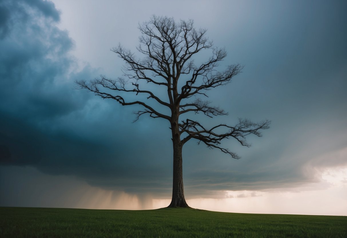 Ein einzelner Baum steht hoch gegen einen stürmischen Himmel, seine Äste strecken sich herausfordernd aus. Der Wind bläst heftig, aber der Baum bleibt unerschütterlich, ein Symbol für Stärke und Widerstandsfähigkeit.