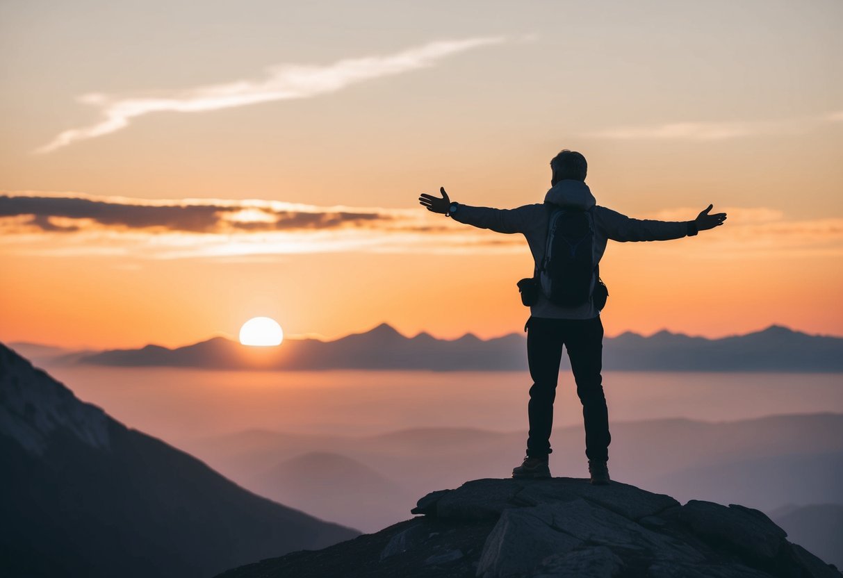 Eine einsame Gestalt steht auf einem Berggipfel, mit ausgebreiteten Armen, dem Horizont mit Entschlossenheit und Vertrauen zugewandt. Die Sonne geht hinter ihnen unter und wirft ein warmes Licht über die Landschaft.