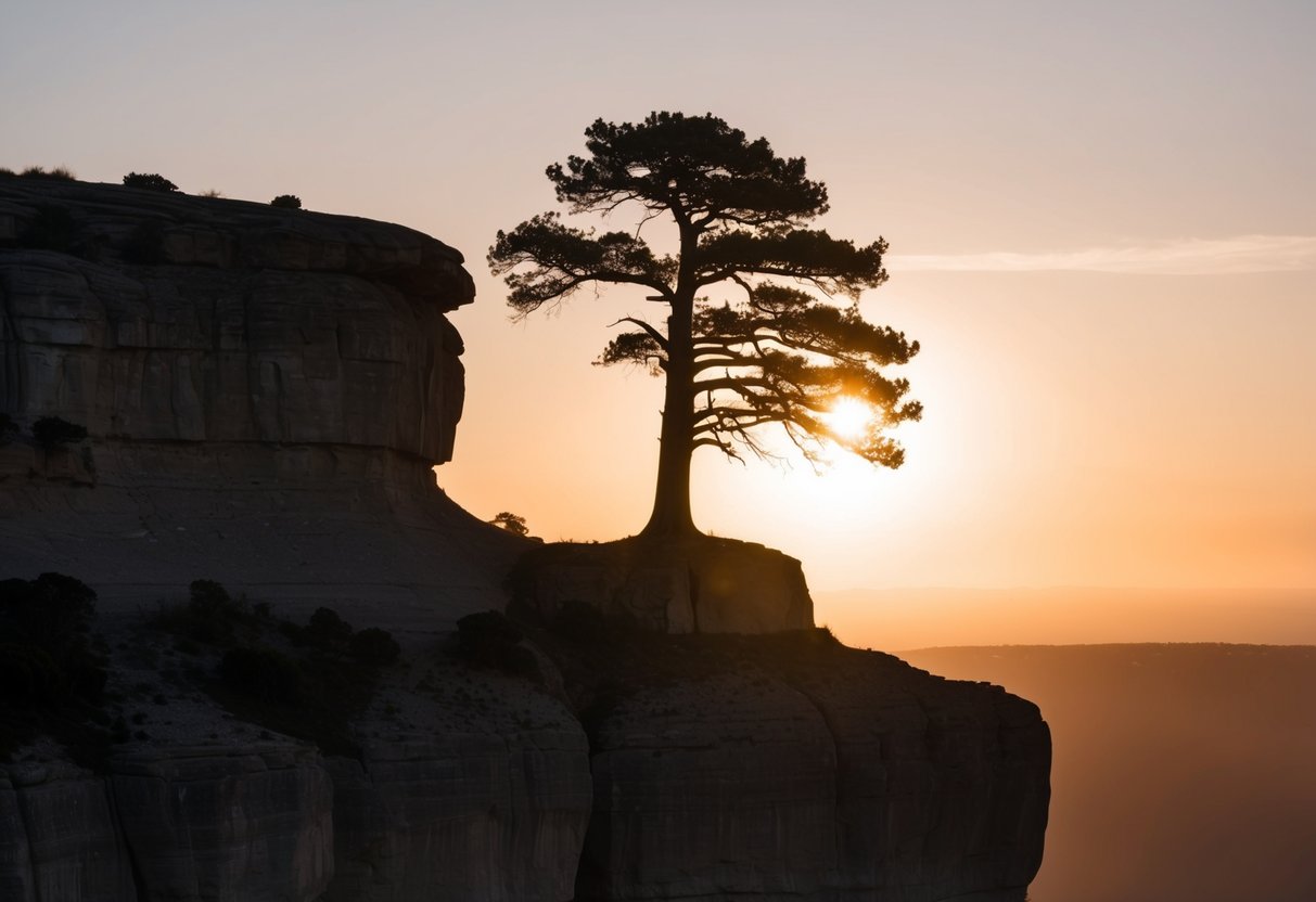 Ein einzelner Baum steht hoch auf einer Klippe, seine Wurzeln fest im Boden verankert. Die Sonne geht hinter ihm unter und wirft einen warmen Schein über die Landschaft.