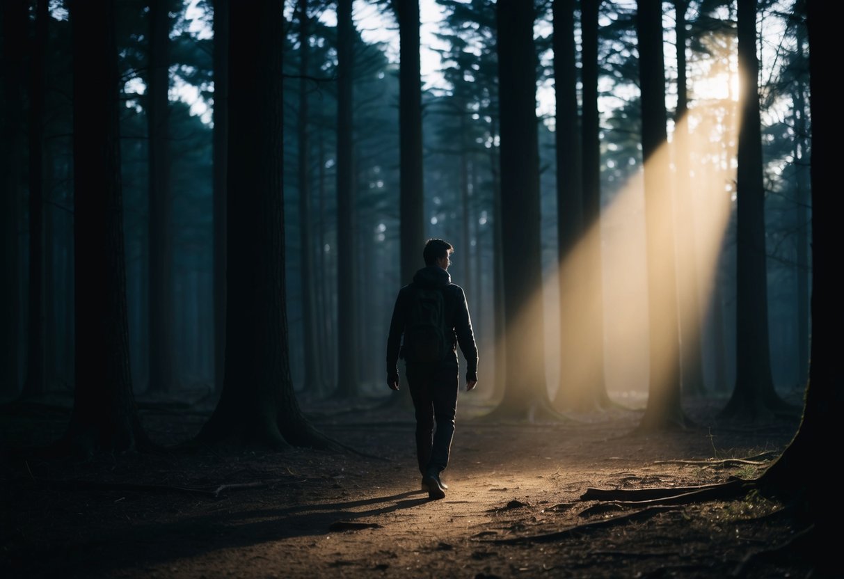 Eine einsame Gestalt schreitet selbstbewusst durch einen dunklen Wald, beleuchtet von einem Lichtstrahl, der durch die dichten Bäume bricht.