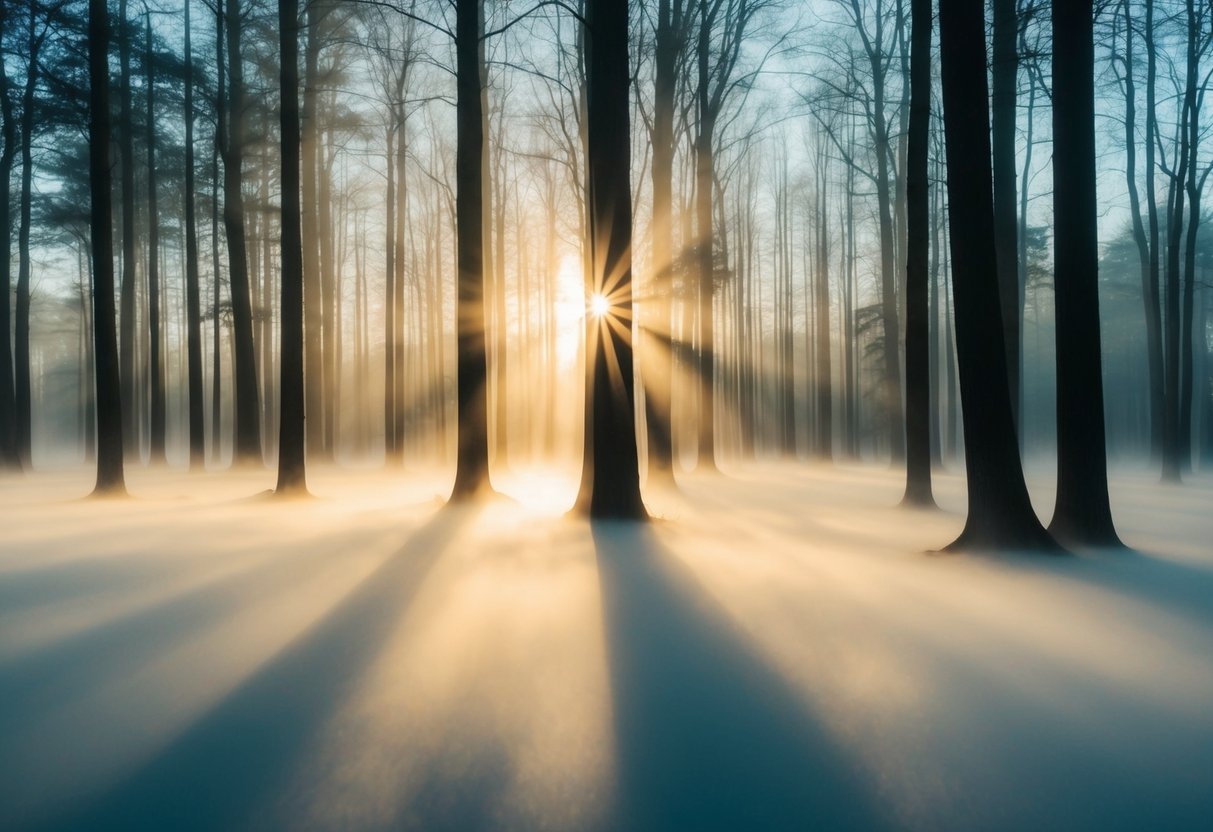 Ein Sonnenaufgang über einem ruhigen, nebligen Wald, mit Lichtstrahlen, die durch die Bäume brechen und neue Möglichkeiten und Mut symbolisieren.