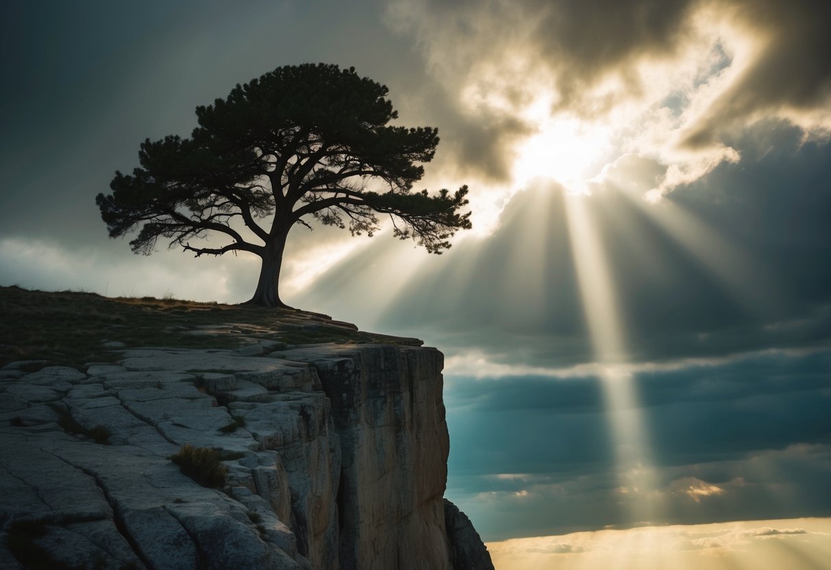 Ein einzelner Baum steht hoch am Rand einer Klippe, seine Wurzeln fest im felsigen Boden verankert. Dunkle Wolken ziehen am Himmel, aber ein Sonnenstrahl bricht durch und wirft ein warmes Licht auf den Baum.