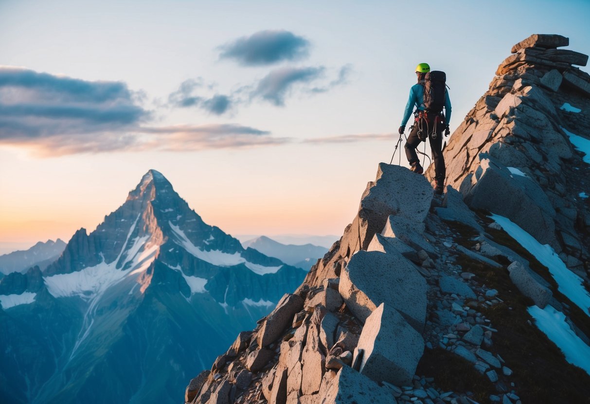 Ein Bergsteiger, der den Gipfel eines hoch aufragenden Berges erreicht, schaut auf die atemberaubende Aussicht darunter.